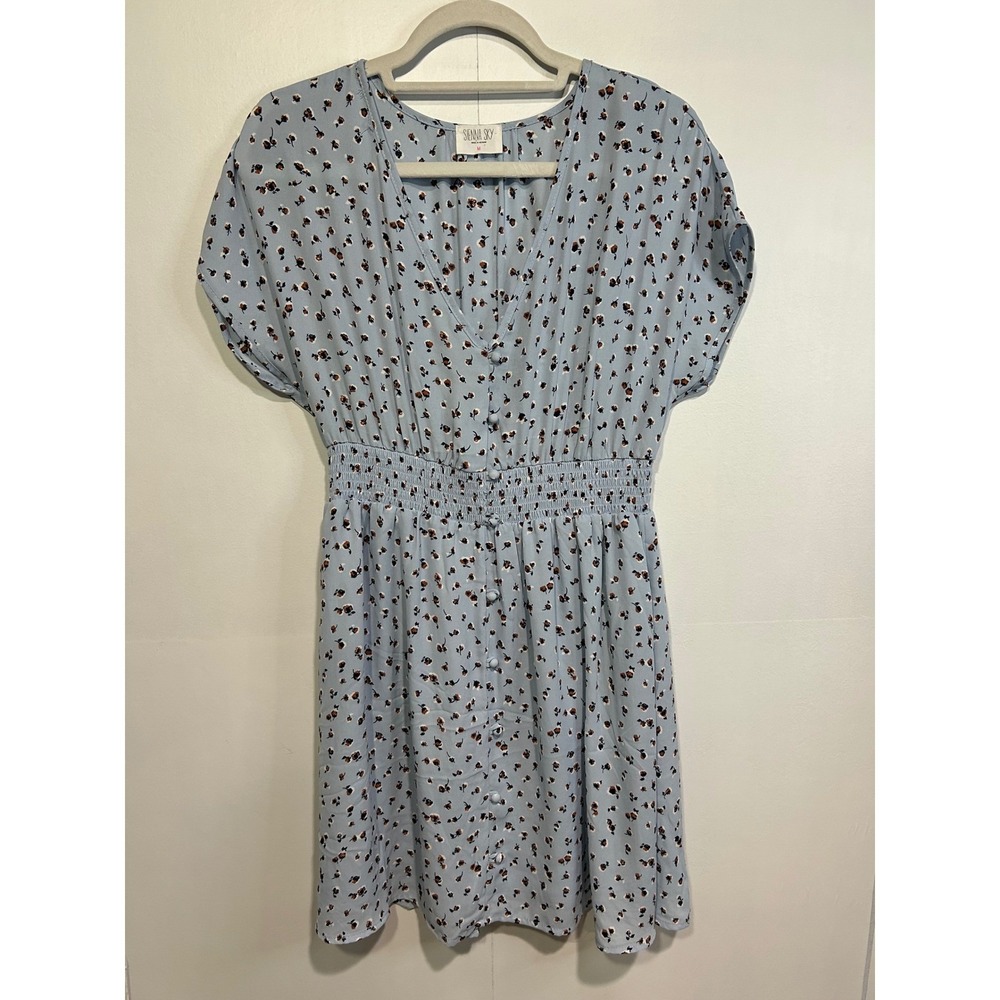 Sienna Sky Floral Mini Dress Womens Medium Blue Smocked Waist Cottage Core